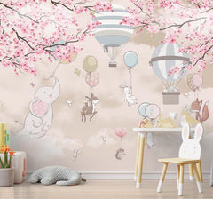 Custom Sky-Themed Kids Wall Murals Animals Clouds Sakura Blossom and Hot Air Balloons