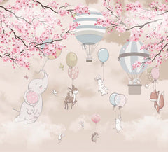 Custom Sky-Themed Kids Wall Murals Animals Clouds Sakura Blossom and Hot Air Balloons