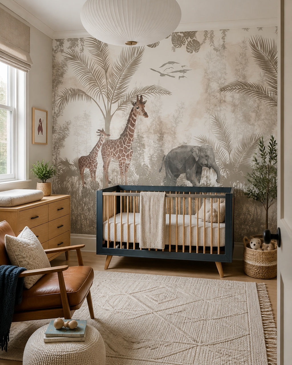 Beige safari wallpaper in a modern nursery with a crib.