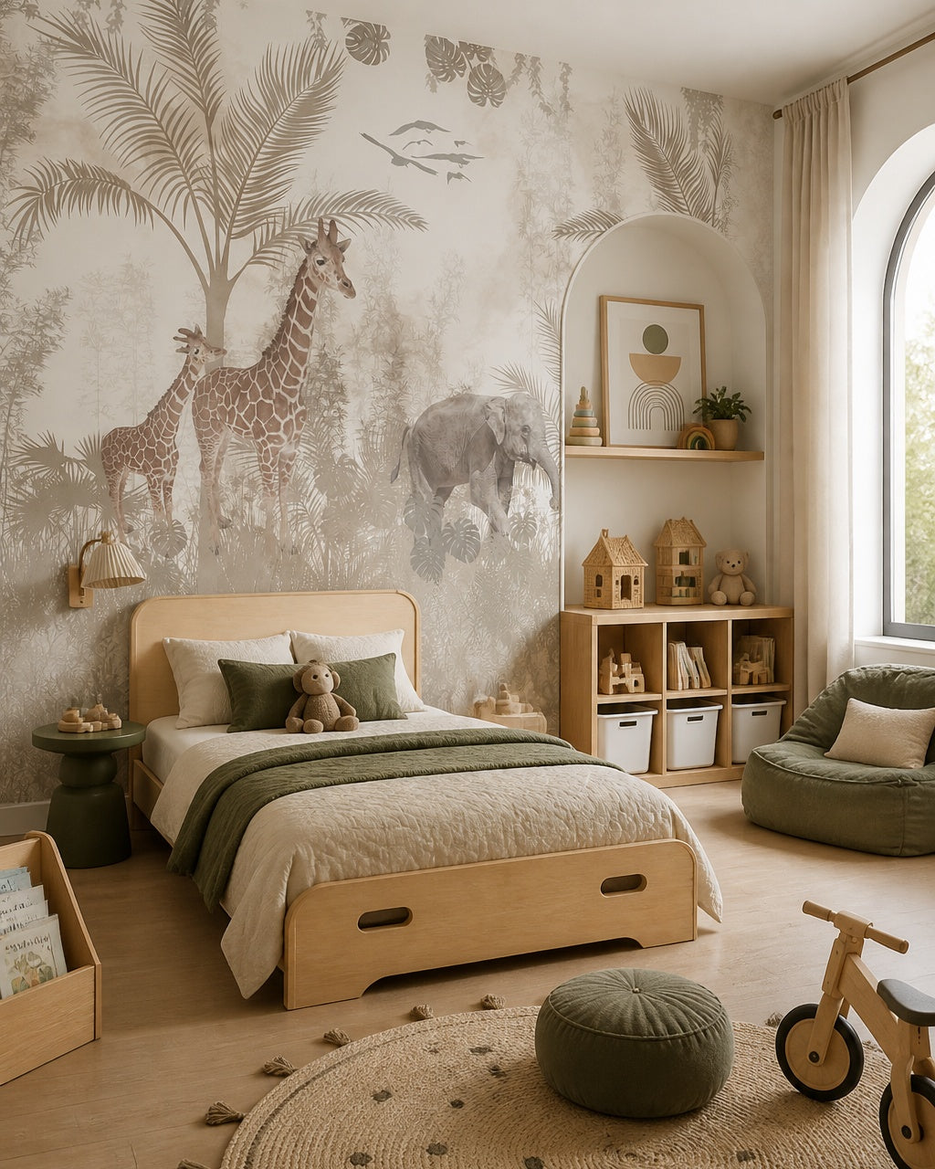 Beige safari wallpaper in a toddler bedroom with a child-sized bed.