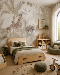 Beige safari wallpaper in a toddler bedroom with a child-sized bed.
