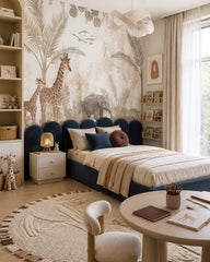 Beige safari wallpaper in a girl’s bedroom.