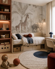 Beige safari wallpaper in a boy’s bedroom.