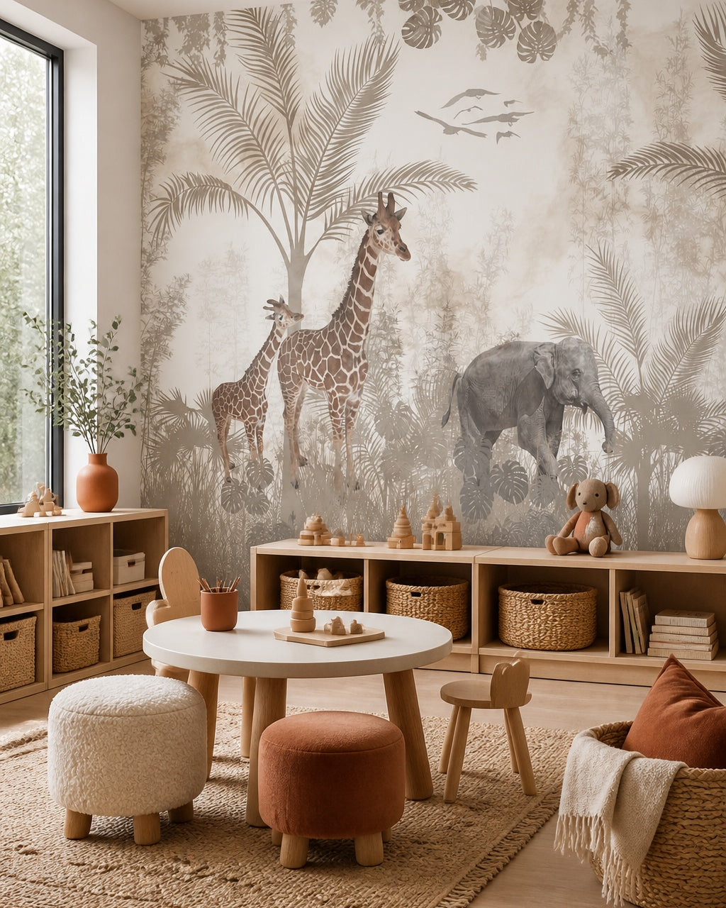 Beige safari wallpaper in a children’s playroom.