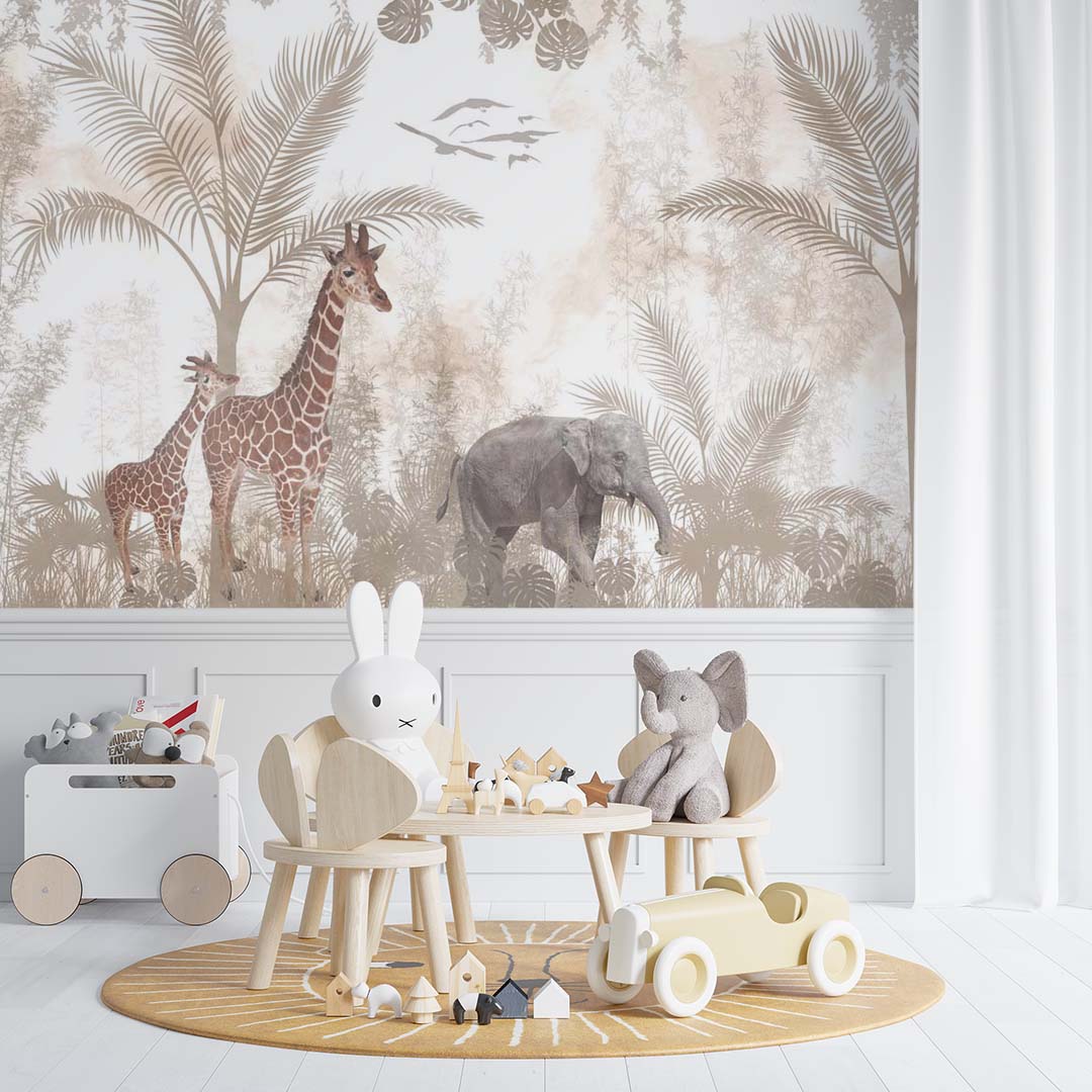 Kids Wall Mural Safari Beige Real Life Elephant Giraffe Wallpaper for Kids Room