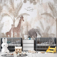 Custom Kids Wall Mural Safari Beige Real Life Elephant Giraffe Wallpaper for Kids Room