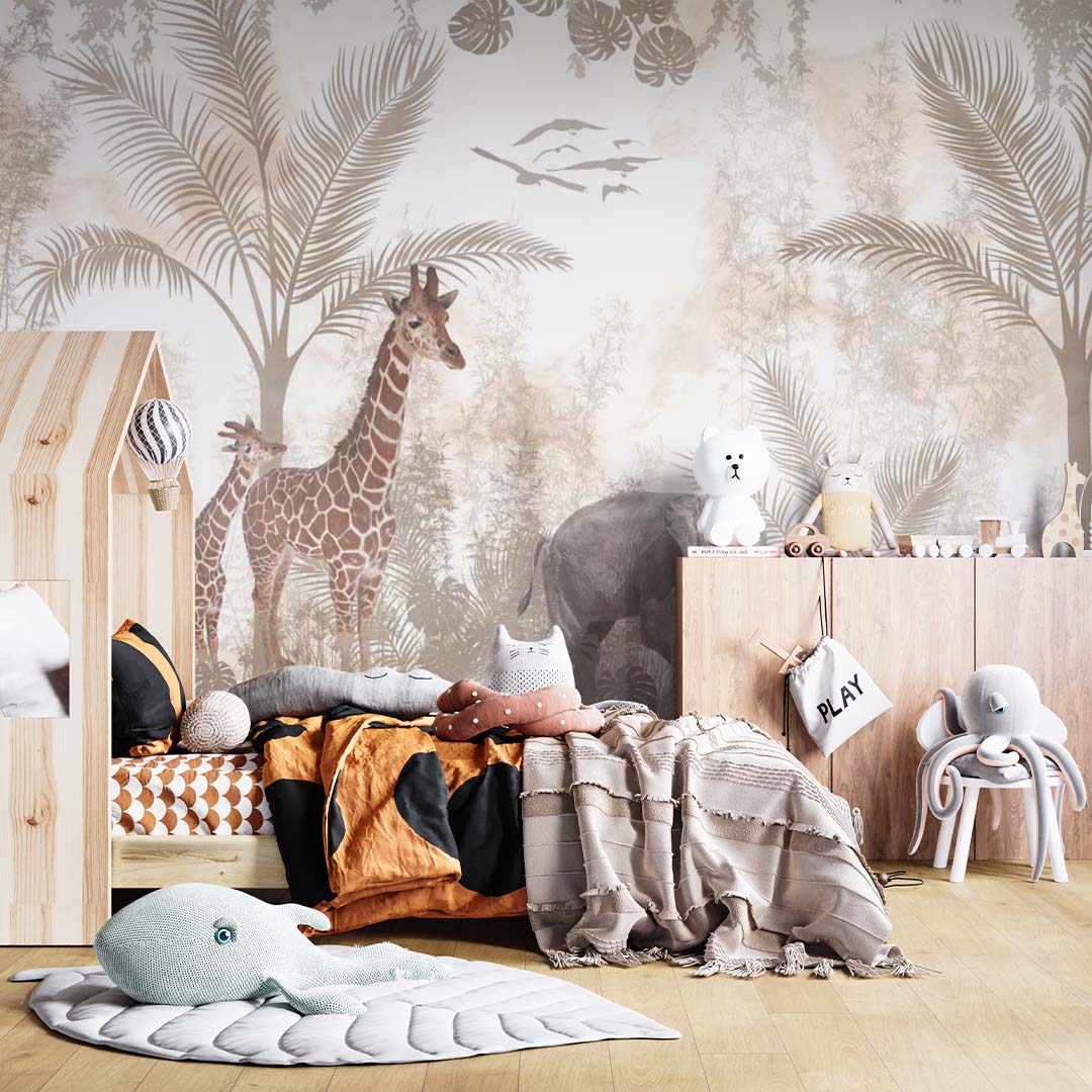 Kids Wall Mural Safari Beige Real Life Elephant Giraffe Wallpaper for Kids Room