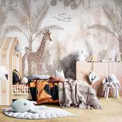 Custom Kids Wall Mural Safari Beige Real Life Elephant Giraffe Wallpaper for Kids Room