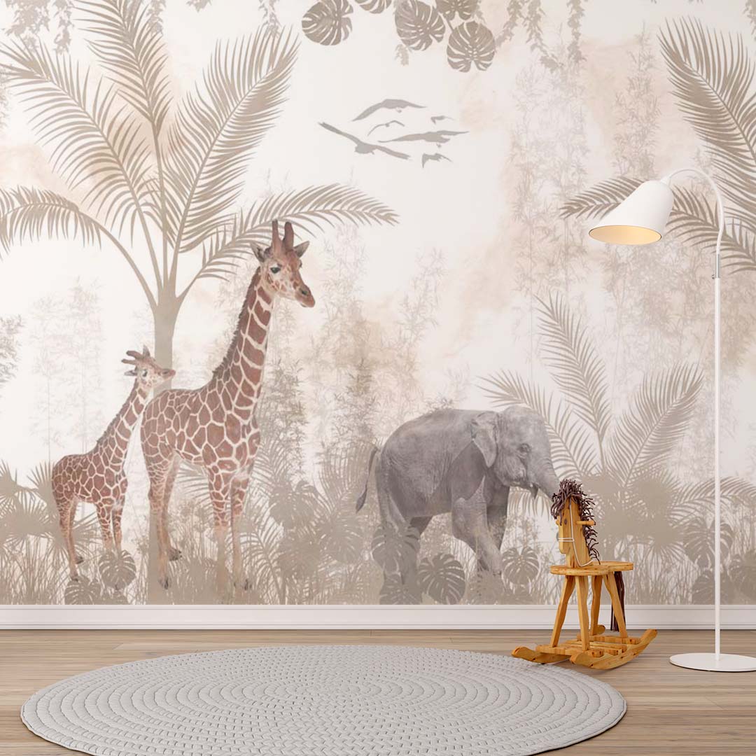 Kids Wall Mural Safari Beige Real Life Elephant Giraffe Wallpaper for Kids Room