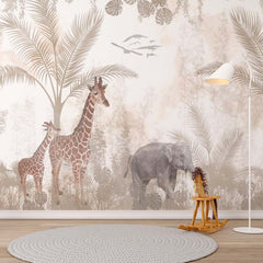 Custom Kids Wall Mural Safari Beige Real Life Elephant Giraffe Wallpaper for Kids Room