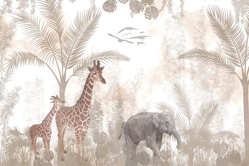 Beige-Safari-Tapete – Fototapete mit realistischem Elefanten und Giraffen
