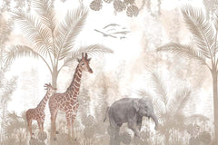 Custom Kids Wall Mural Safari Beige Real Life Elephant Giraffe Wallpaper for Kids Room