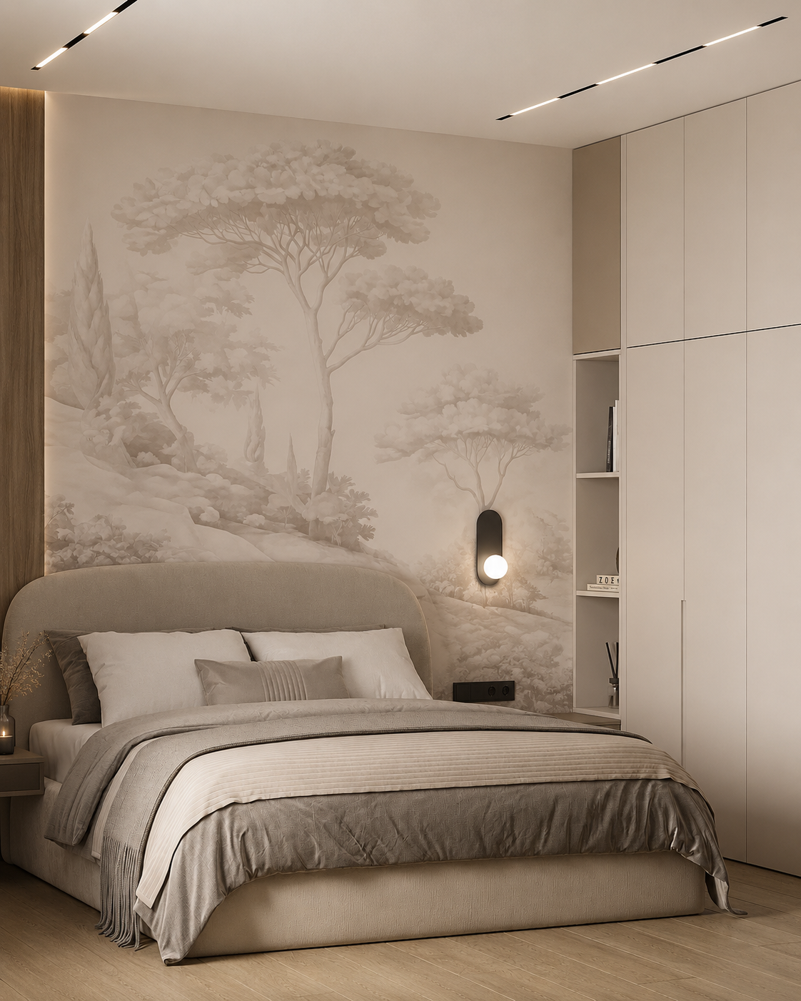 Blush pine landscape wallpaper behind the bed in a modern neutral bedroom.