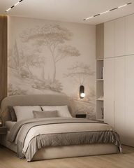 Blush pine landscape wallpaper behind the bed in a modern neutral bedroom.