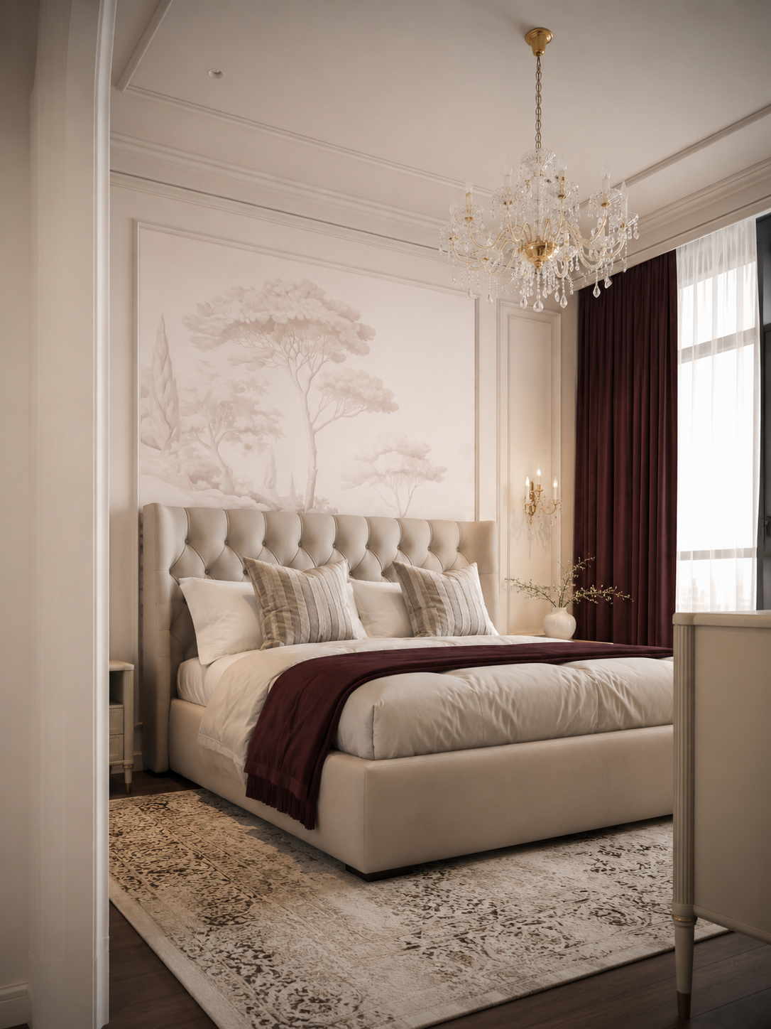 Blush pine landscape wallpaper in a classic bedroom with tufted bed and crystal chandelier.