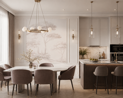 Blush pine landscape wallpaper in an elegant kitchen dining room.