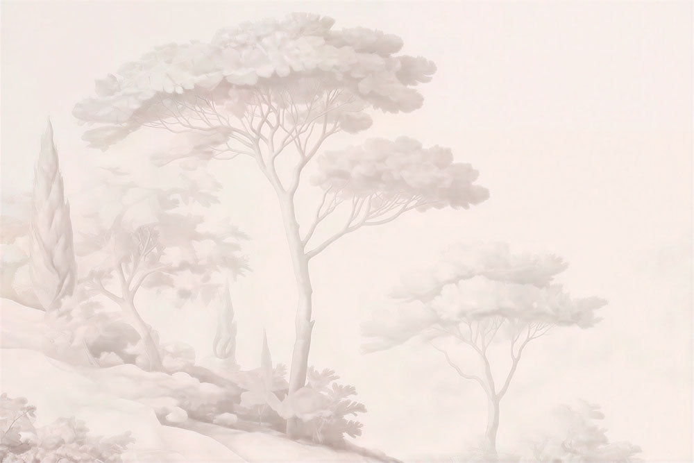Very soft blush scenic wallpaper with umbrella pine trees and cypresses in a misty landscape.