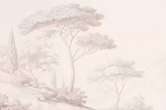 Very soft blush scenic wallpaper with umbrella pine trees and cypresses in a misty landscape.