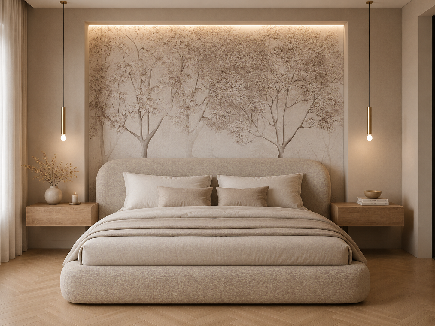Blush misty forest wallpaper in a backlit niche behind a curved bed.