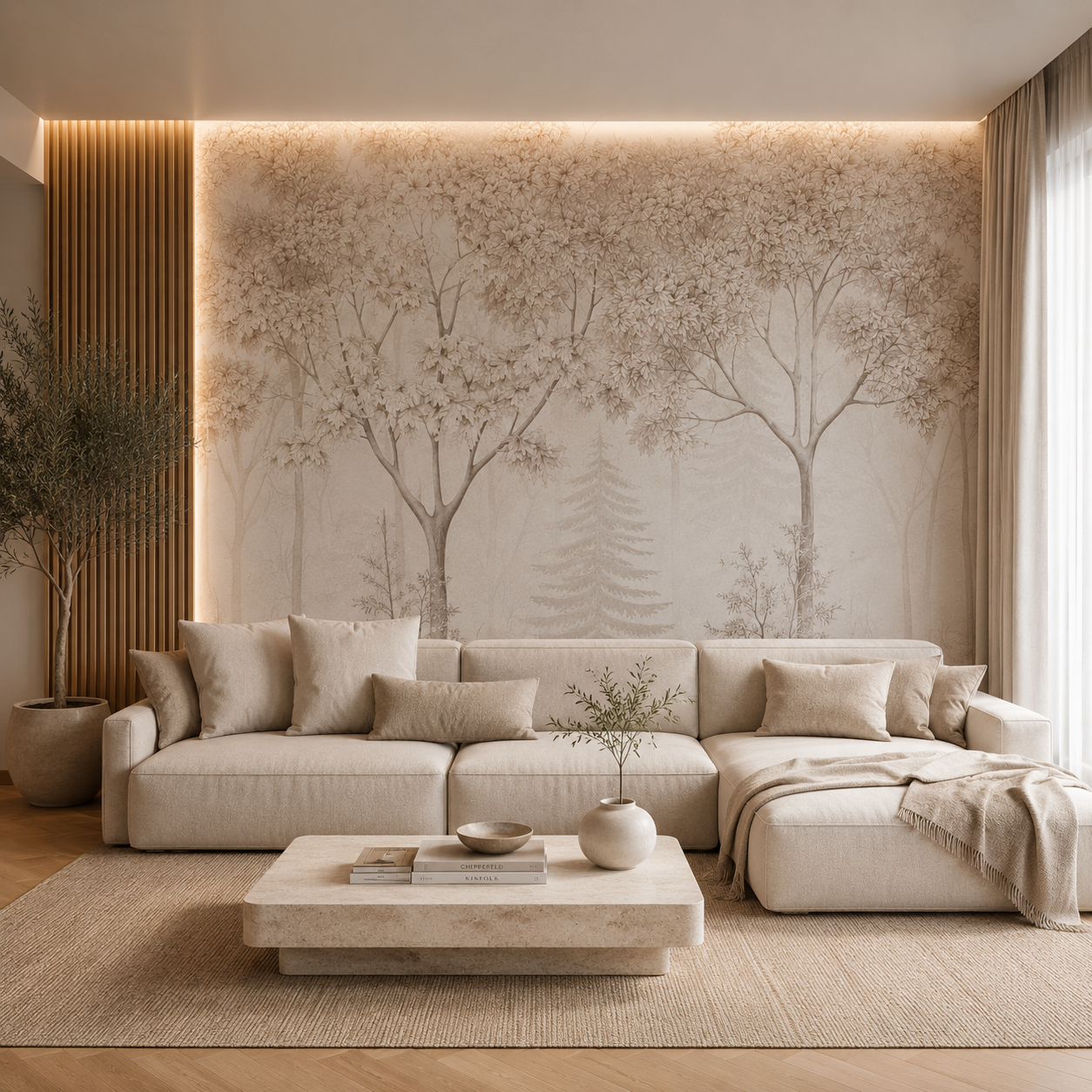 Blush misty forest wallpaper behind a modular sofa in a neutral living room.
