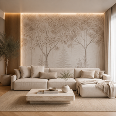 Blush misty forest wallpaper behind a modular sofa in a neutral living room.