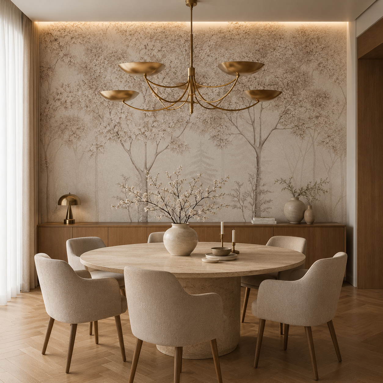 Blush misty forest wallpaper in a dining room with round table and brass chandelier.