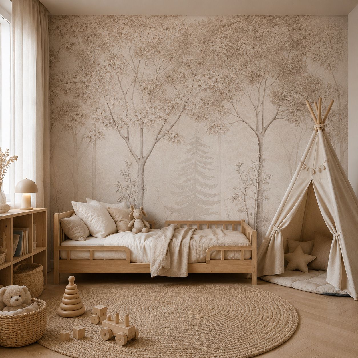 Blush misty forest wallpaper in a kids room with teepee and wooden bed.