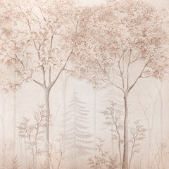Soft blush and beige watercolor forest wallpaper with delicate leafy trees and faded fir trees in the mist.