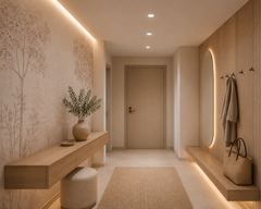 Blush forest panoramic wallpaper in a warm minimalist hallway with oval mirror.