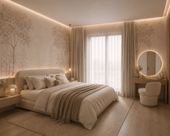 Blush forest panoramic wallpaper in a bedroom with vanity and round mirror.