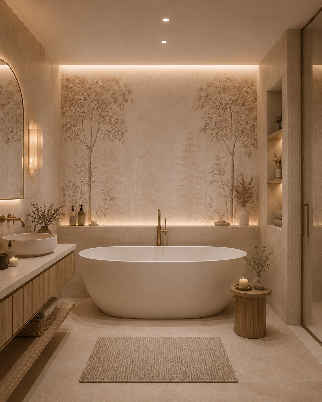 Blush forest panoramic wallpaper in a spa bathroom with freestanding tub.