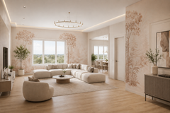 Blush forest panoramic wallpaper in a spacious open-plan living room.