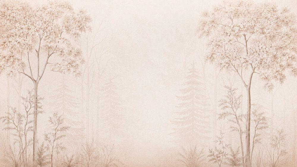 Panoramic blush watercolor forest wallpaper with trees at both sides and a soft misty open center.