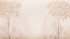 Panoramic blush watercolor forest wallpaper with trees at both sides and a soft misty open center.