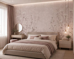 Dusty pink wildflower wallpaper behind the bed in a mauve bedroom.