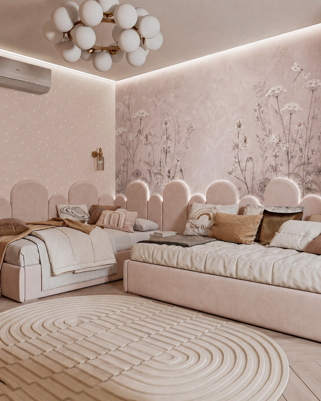 Dusty pink wildflower wallpaper in a teen room with scalloped headboard wall.