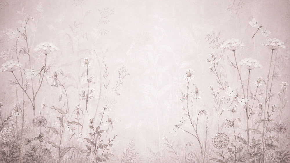 Dusty pink wallpaper with delicate sketched wildflowers and meadow grasses on a misty background.