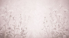 Dusty pink wallpaper with delicate sketched wildflowers and meadow grasses on a misty background.