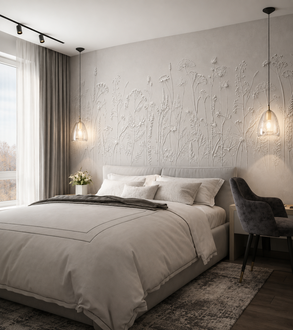White 3D effect wildflower wallpaper behind the bed in a modern bedroom with pendant lights.