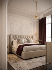 White 3D effect wildflower wallpaper in a classic bedroom with crystal chandelier.