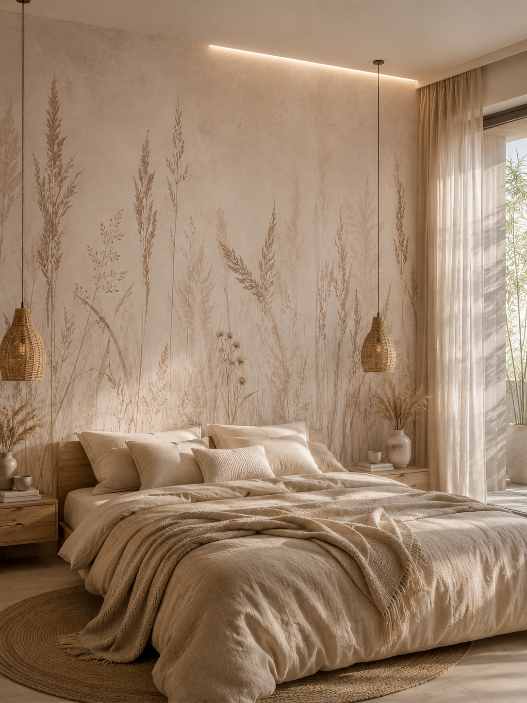 Boho meadow grass wallpaper in a boho bedroom with rattan pendant lights.