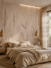 Boho meadow grass wallpaper in a boho bedroom with rattan pendant lights.