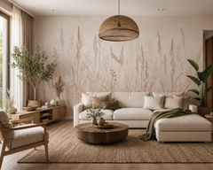 Boho meadow grass wallpaper in a boho living room with jute rug.