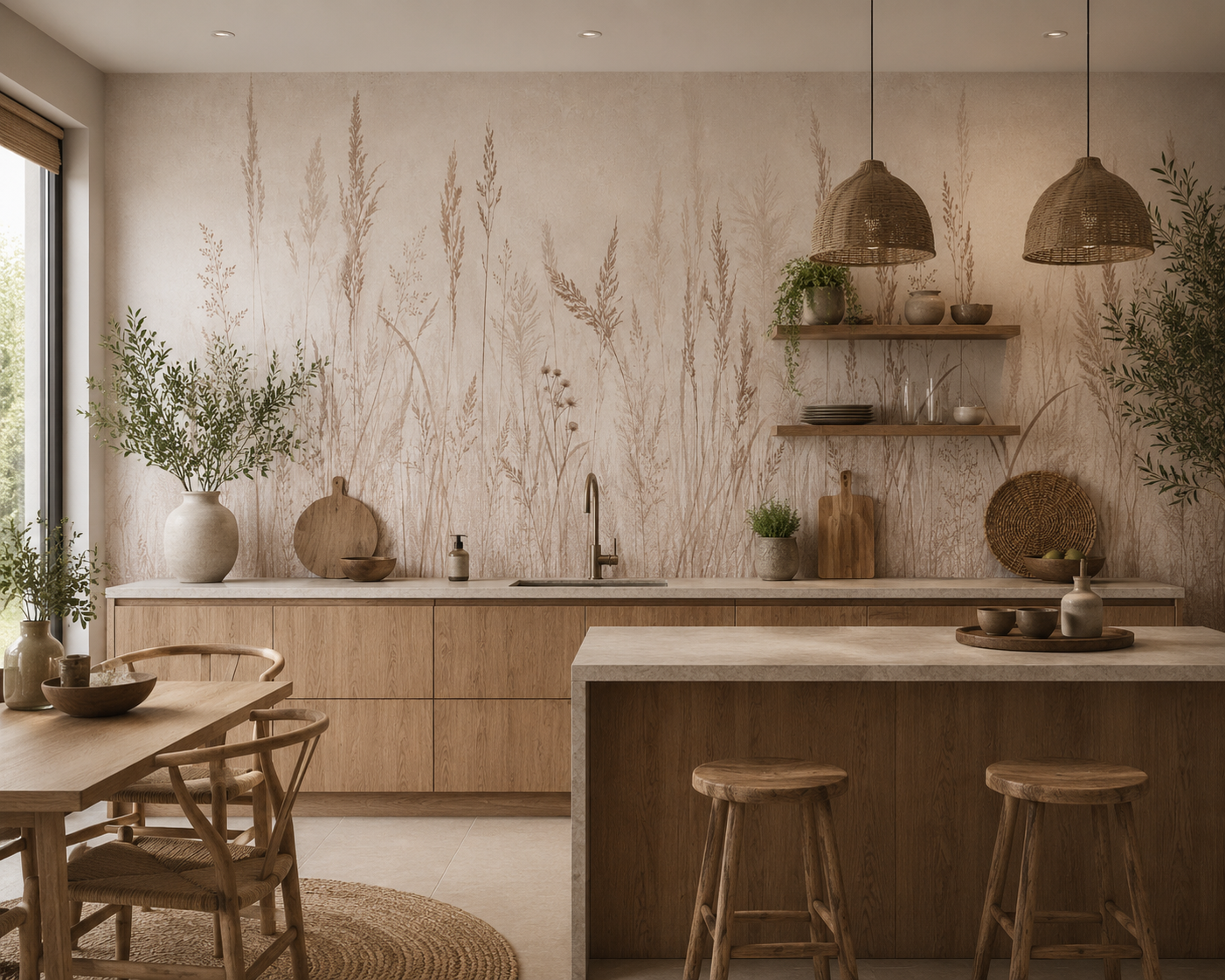 Boho meadow grass wallpaper in a light wood kitchen with open shelves.