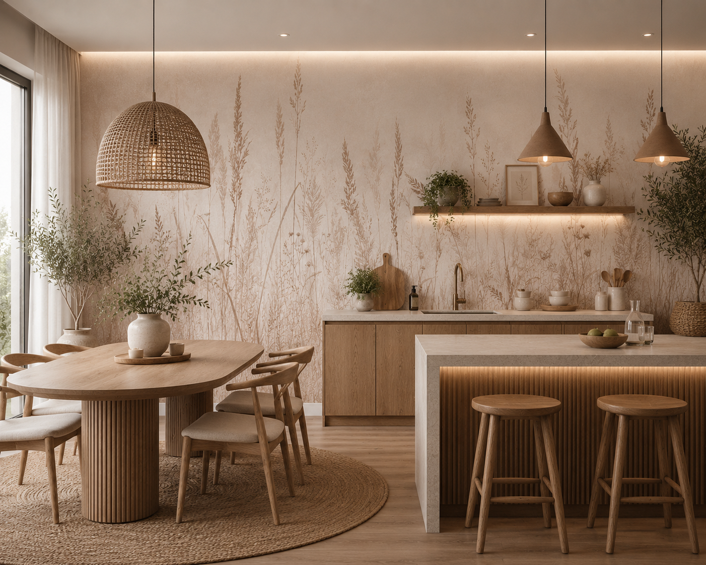 Boho meadow grass wallpaper in an open kitchen dining area with rattan pendant.