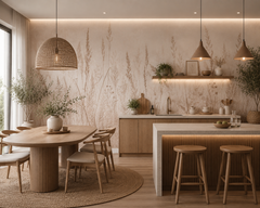 Boho meadow grass wallpaper in an open kitchen dining area with rattan pendant.