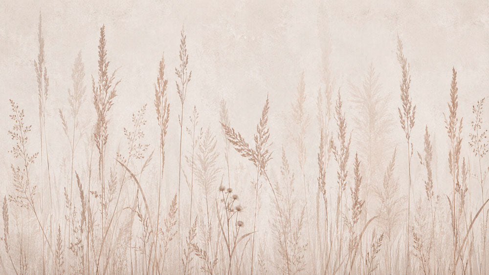 Blush beige wallpaper with wild meadow grasses, pampas and wheat on a textured plaster background.