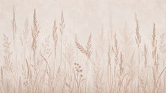 Blush beige wallpaper with wild meadow grasses, pampas and wheat on a textured plaster background.