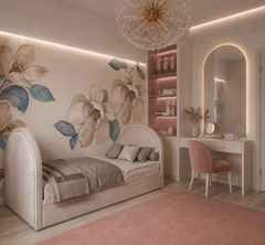 Watercolor magnolia wallpaper in a girls’ room with vanity and pink rug.