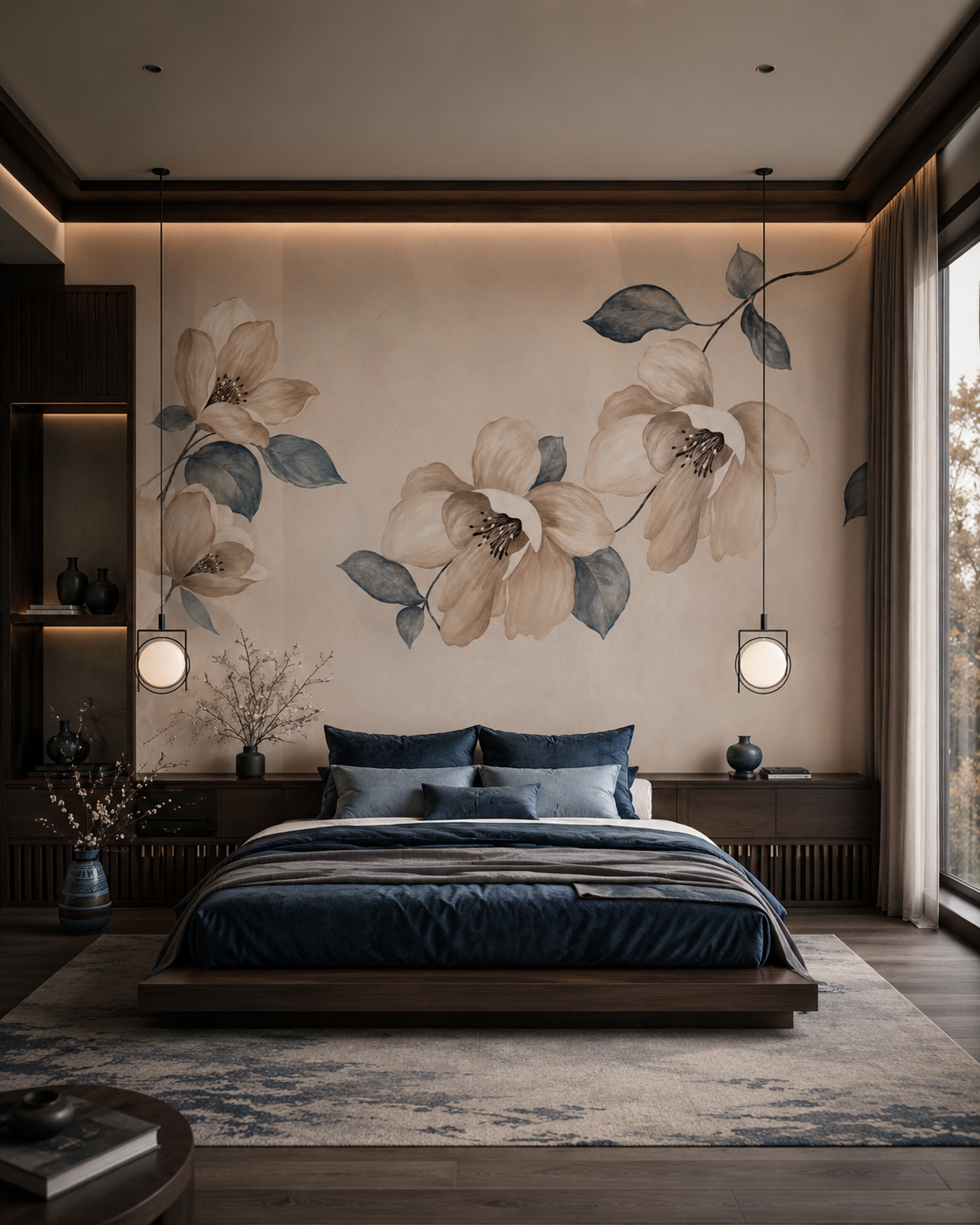 Watercolor magnolia wallpaper in a dark bedroom with navy bedding.